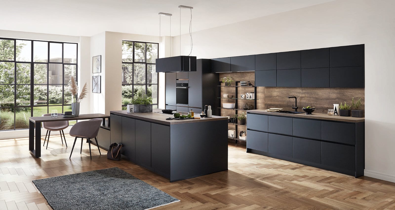 Nobilia Matt Black Wood Handleless Open Plan Kitchen 2021 1 | Lead Wolf, Peterborough